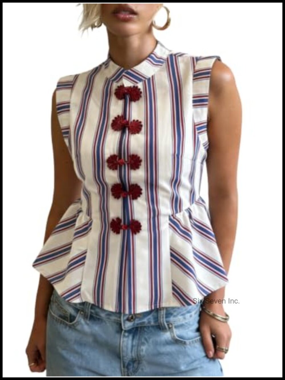 Striped Peplum Tank Top Frog Button Mandarin Collar Sleeveless Vest